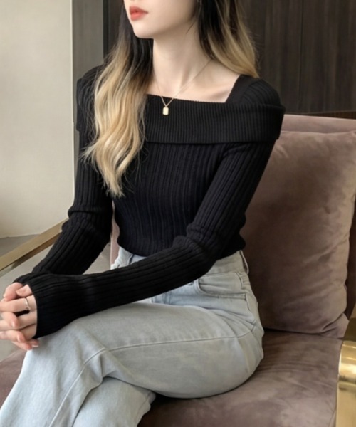 cammie(キャミー)の「スクエアネックリブニットトップス(ニット/セーター・レディース・ベージュ/ホワイト/ブラック/グレー・F)」の17枚目の写真