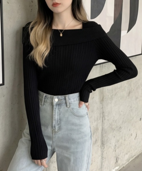 cammie(キャミー)の「スクエアネックリブニットトップス(ニット/セーター・レディース・ベージュ/ホワイト/ブラック/グレー・F)」の16枚目の写真