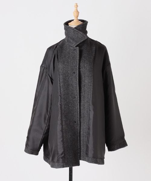 セール】MANTECO ヘリンボン フレアバルカラーコート（ステンカラー