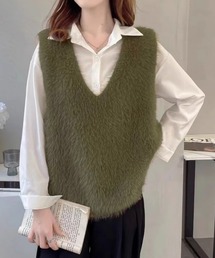 Vネック起毛フェザーニットベストふわふわ