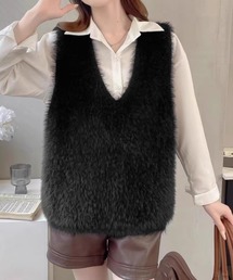 Vネック起毛フェザーニットベストふわふわ