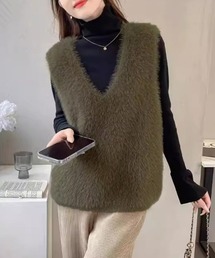 Vネック起毛フェザーニットベストふわふわ