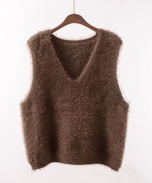 セール】Vネック起毛フェザーニットベストふわふわ（ベスト