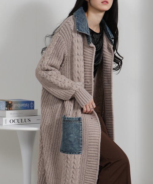 セール】ケーブルニット デニム使い ビッグボタン ロングカーデ