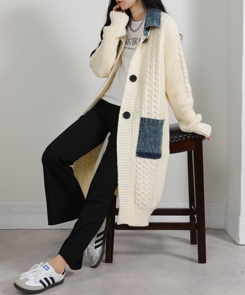 セール】ケーブルニット デニム使い ビッグボタン ロングカーデ
