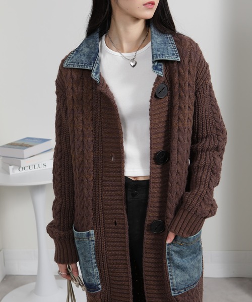 セール】ケーブルニット デニム使い ビッグボタン ロングカーデ