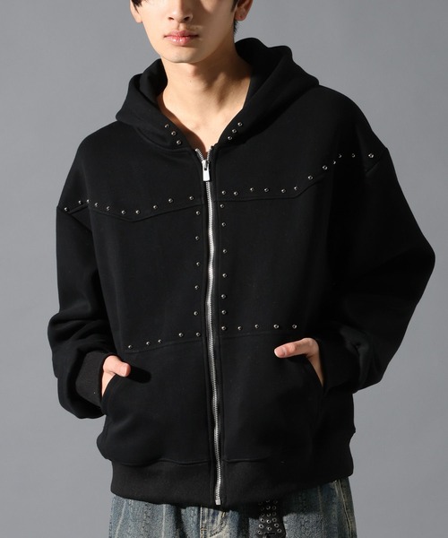 LAND MUSEUM（ランドミュージアム）の「LAND MUSEUM／ショートスタッズジップパーカー（パーカー・メンズ・ブラック/グレー・MEDIUM/LARGE）」の2枚目の写真