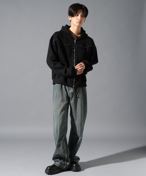 LAND MUSEUM（ランドミュージアム）の「LAND MUSEUM／ショートスタッズジップパーカー（パーカー・メンズ・ブラック/グレー・MEDIUM/LARGE）」の10枚目の写真