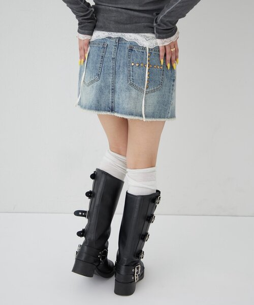 WHO'S WHO gallery（フーズフーギャラリー）の「スタッズデニムミニスカート（デニムスカート・レディース・サックスブルー/ネイビー・SMALL/MEDIUM）」の6枚目の写真