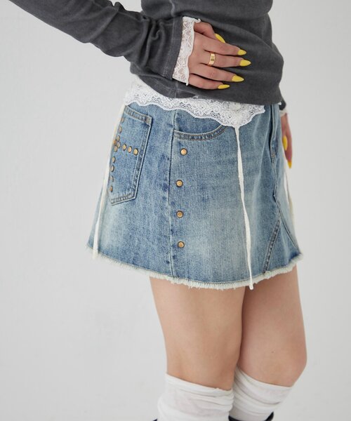 WHO'S WHO gallery（フーズフーギャラリー）の「スタッズデニムミニスカート（デニムスカート・レディース・サックスブルー/ネイビー・SMALL/MEDIUM）」の10枚目の写真