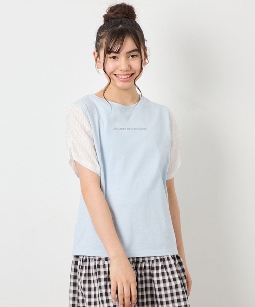 a.v.v（アーヴェヴェ）の「[110-160]【WEB限定】シアーギンガムスリーブTシャツ（Tシャツ/カットソー・キッズ・オレンジ/ダークインディゴブルー/ブラック・110/120/130/140/150/160）」の3枚目の写真