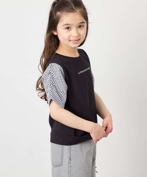 a.v.v（アーヴェヴェ）の「[110-160]【WEB限定】シアーギンガムスリーブTシャツ（Tシャツ/カットソー・キッズ・オレンジ/ダークインディゴブルー/ブラック・110/120/130/140/150/160）」の2枚目の写真
