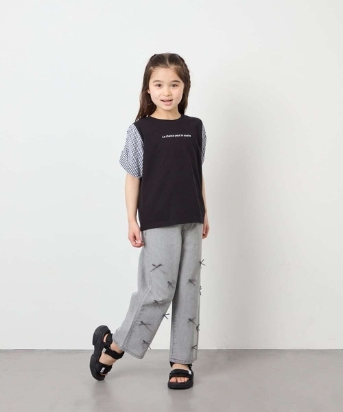 a.v.v（アーヴェヴェ）の「[110-160]【WEB限定】シアーギンガムスリーブTシャツ（Tシャツ/カットソー・キッズ・オレンジ/ダークインディゴブルー/ブラック・110/120/130/140/150/160）」の9枚目の写真