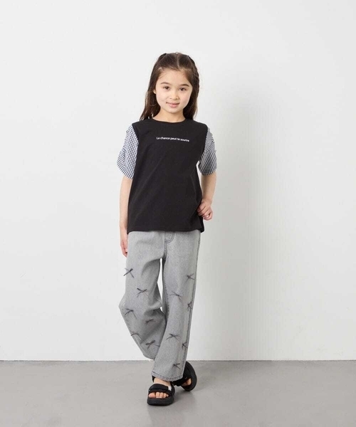 a.v.v（アーヴェヴェ）の「[110-160]【WEB限定】シアーギンガムスリーブTシャツ（Tシャツ/カットソー・キッズ・オレンジ/ダークインディゴブルー/ブラック・110/120/130/140/150/160）」の8枚目の写真