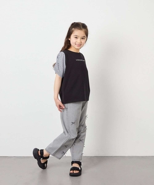 a.v.v（アーヴェヴェ）の「[110-160]【WEB限定】シアーギンガムスリーブTシャツ（Tシャツ/カットソー・キッズ・オレンジ/ダークインディゴブルー/ブラック・110/120/130/140/150/160）」の7枚目の写真