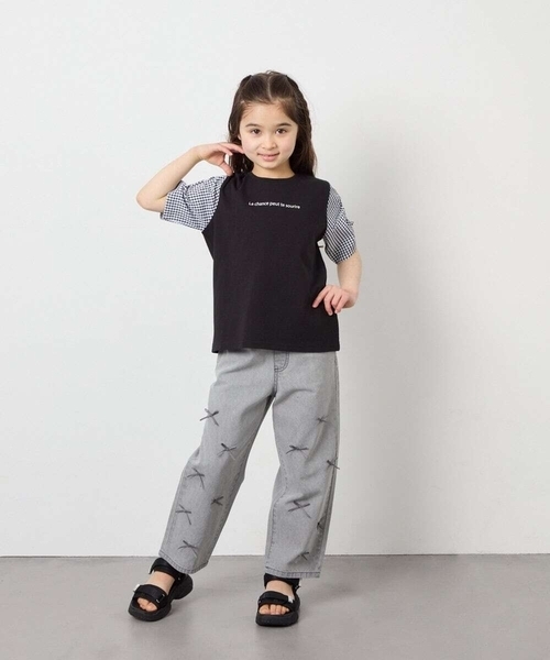 a.v.v（アーヴェヴェ）の「[110-160]【WEB限定】シアーギンガムスリーブTシャツ（Tシャツ/カットソー・キッズ・オレンジ/ダークインディゴブルー/ブラック・110/120/130/140/150/160）」の5枚目の写真