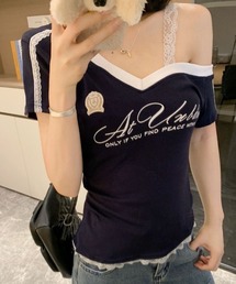 レース切替 Vネック カレッジロゴTシャツ