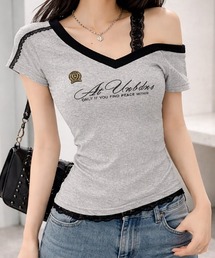 レース切替 Vネック カレッジロゴTシャツ