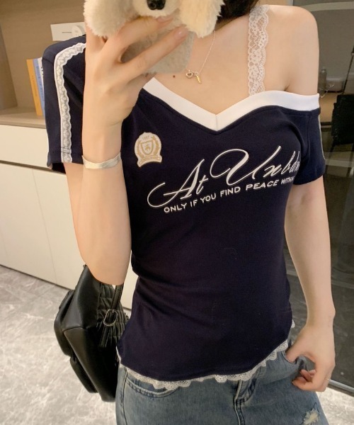 NANEA(ナネア)の「レース切替 Vネック カレッジロゴTシャツ(Tシャツ/カットソー・レディース・ライトグレー/ネイビー・MEDIUM)」の19枚目の写真