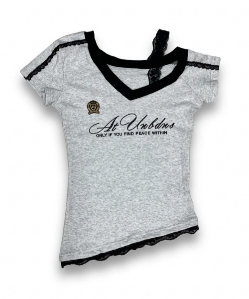 NANEA(ナネア)の「レース切替 Vネック カレッジロゴTシャツ(Tシャツ/カットソー・レディース・ライトグレー/ネイビー・MEDIUM)」の13枚目の写真