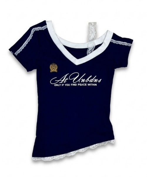 NANEA(ナネア)の「レース切替 Vネック カレッジロゴTシャツ(Tシャツ/カットソー・レディース・ライトグレー/ネイビー・MEDIUM)」の7枚目の写真