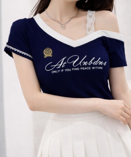 NANEA(ナネア)の「レース切替 Vネック カレッジロゴTシャツ(Tシャツ/カットソー・レディース・ライトグレー/ネイビー・MEDIUM)」の14枚目の写真