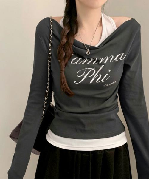 VIVID LADY(ビビッドレディー)の「ホルターネックドッキング ドレープトップス(Tシャツ/カットソー・レディース・ネイビー/チャコールグレー/ホワイト・FREE)」の2枚目の写真