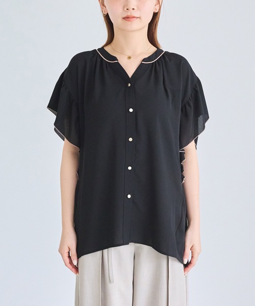 LAVEANGE(ラビアンジェ)の「ジョーゼットバイカラーブラウス|配色ラインで魅せる大人のとろみブラウス/ON・OFF兼用/半袖/きれいめ/洗える(シャツ/ブラウス・レディース・ブラック/オフホワイト・M/LL/3L/4L/5L)」の21枚目の写真