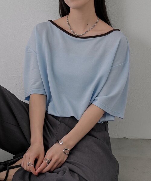 COLONY 2139（コロニートゥーワンスリーナイン）の「【2WAY】パイピングシアー半袖Tシャツ（Tシャツ/カットソー・レディース・グレー/ホワイト/サックスブルー・FREE）」の3枚目の写真