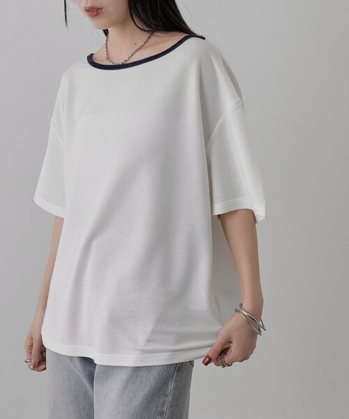 COLONY 2139（コロニートゥーワンスリーナイン）の「【2WAY】パイピングシアー半袖Tシャツ（Tシャツ/カットソー・レディース・グレー/ホワイト/サックスブルー・FREE）」の13枚目の写真