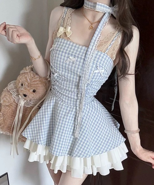 Sibra(シブラ)の「2WAY スカーフリボン付き ギンガムチェックレースフレアミニワンピース(ワンピース・レディース・ブルー・M)」の3枚目の写真