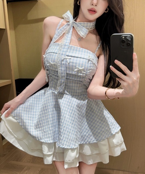 Sibra(シブラ)の「2WAY スカーフリボン付き ギンガムチェックレースフレアミニワンピース(ワンピース・レディース・ブルー・M)」の9枚目の写真
