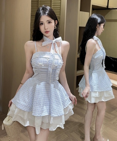 Sibra(シブラ)の「2WAY スカーフリボン付き ギンガムチェックレースフレアミニワンピース(ワンピース・レディース・ブルー・M)」の10枚目の写真