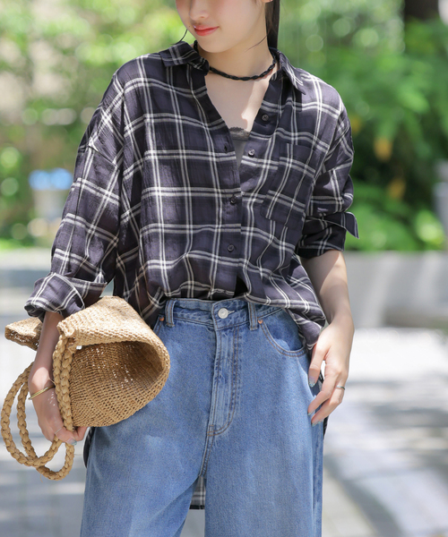 JOURNAL STANDARD relume(ジャーナルスタンダード レリューム)の「コットンチェックワッシャーシャツ(シャツ/ブラウス・レディース・ネイビー/ベージュ/サックスブルー・FREE)」の2枚目の写真