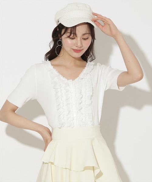 WILLSELECTION（ウィルセレクション）の「レースフリルリブニットカーディガン（ニット/セーター・レディース・ラベンダー/ブラック/オフホワイト/ホワイト系その他5/イエロー・FREE）」の6枚目の写真
