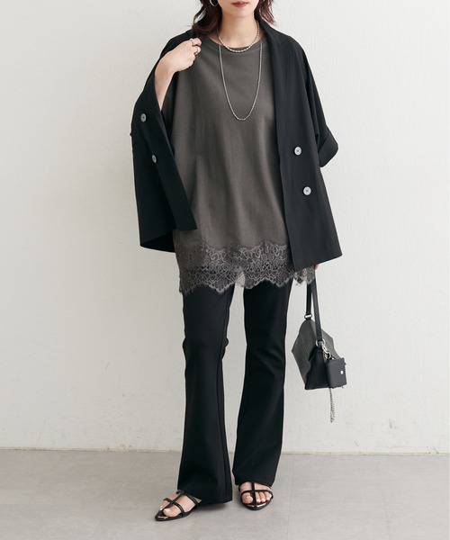 LARUTA（ラルータ）の「【LARUTA】ヘムレースシルケット風天竺フレンチT（Tシャツ/カットソー・レディース・オフホワイト/スミクロ・FREE）」の15枚目の写真