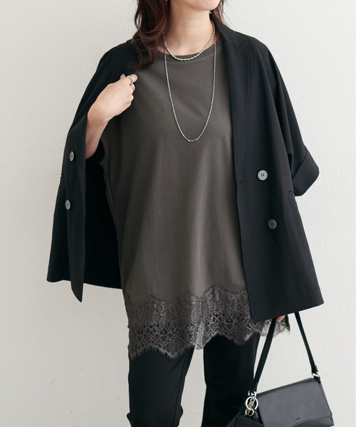 LARUTA（ラルータ）の「【LARUTA】ヘムレースシルケット風天竺フレンチT（Tシャツ/カットソー・レディース・オフホワイト/スミクロ・FREE）」の13枚目の写真