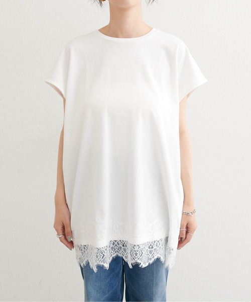 LARUTA（ラルータ）の「【LARUTA】ヘムレースシルケット風天竺フレンチT（Tシャツ/カットソー・レディース・オフホワイト/スミクロ・FREE）」の17枚目の写真