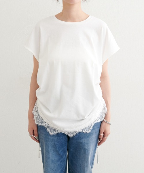 LARUTA（ラルータ）の「【LARUTA】ヘムレースシルケット風天竺フレンチT（Tシャツ/カットソー・レディース・オフホワイト/スミクロ・FREE）」の11枚目の写真
