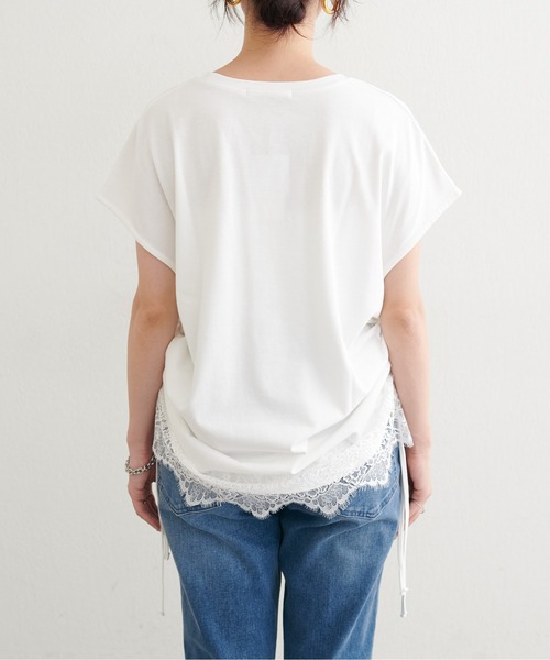 LARUTA（ラルータ）の「【LARUTA】ヘムレースシルケット風天竺フレンチT（Tシャツ/カットソー・レディース・オフホワイト/スミクロ・FREE）」の5枚目の写真