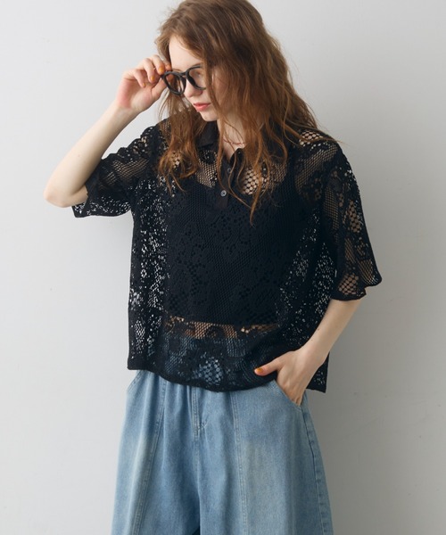 Crisp(クリスプ)の「flower lace polo tops / フラワーレースポロトップス(シャツ/ブラウス・レディース・アイボリー/ブラック・FREE)」の4枚目の写真