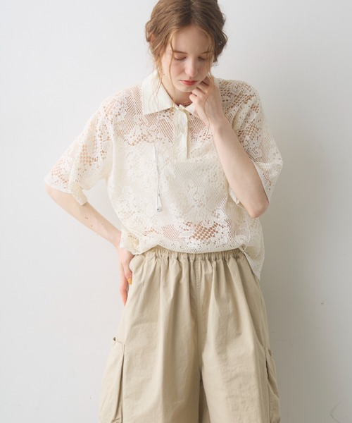 Crisp(クリスプ)の「flower lace polo tops / フラワーレースポロトップス(シャツ/ブラウス・レディース・アイボリー/ブラック・FREE)」の13枚目の写真
