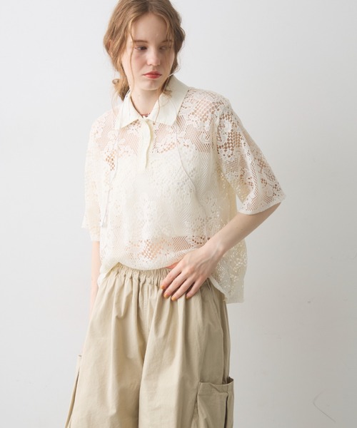 Crisp(クリスプ)の「flower lace polo tops / フラワーレースポロトップス(シャツ/ブラウス・レディース・アイボリー/ブラック・FREE)」の14枚目の写真