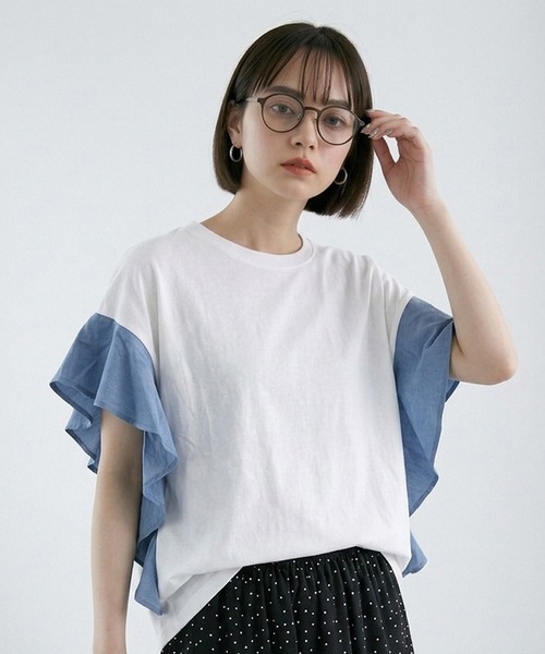 CRB(シーアールビー)の「デニム切替フリルトップス(Tシャツ/カットソー・レディース・グレー/オフホワイト/ブラック・F)」の2枚目の写真