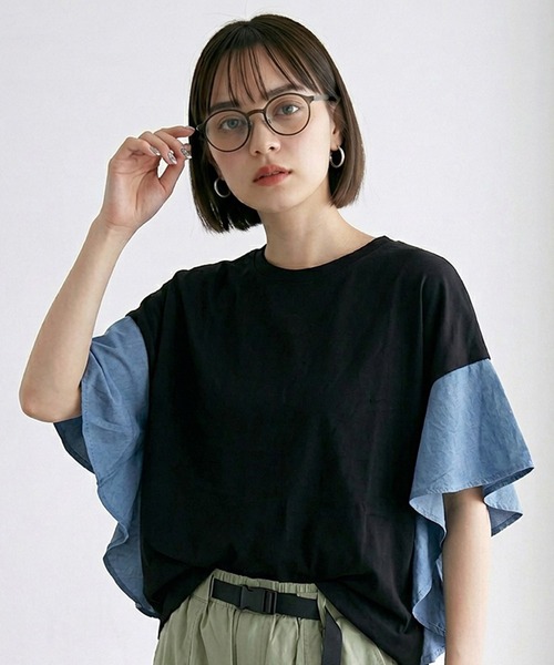 CRB(シーアールビー)の「デニム切替フリルトップス(Tシャツ/カットソー・レディース・グレー/オフホワイト/ブラック・F)」の3枚目の写真