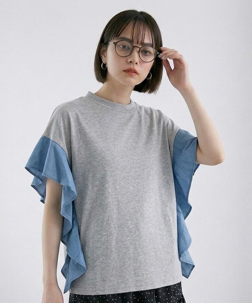 CRB(シーアールビー)の「デニム切替フリルトップス(Tシャツ/カットソー・レディース・グレー/オフホワイト/ブラック・F)」の10枚目の写真