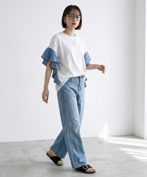 CRB(シーアールビー)の「デニム切替フリルトップス(Tシャツ/カットソー・レディース・グレー/オフホワイト/ブラック・F)」の6枚目の写真