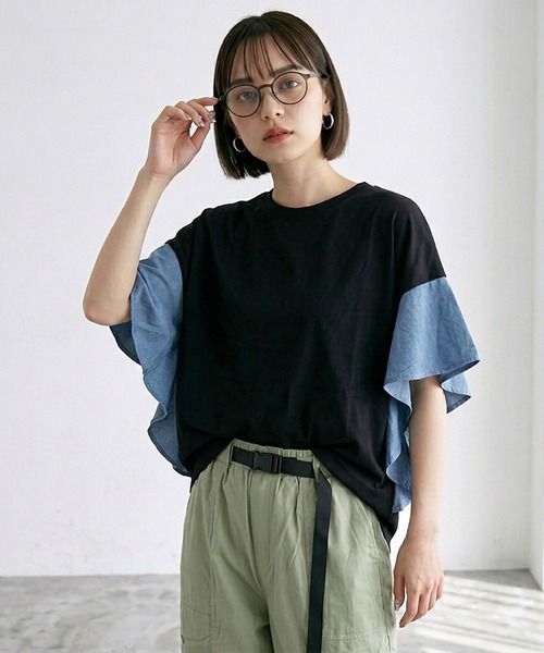 CRB(シーアールビー)の「デニム切替フリルトップス(Tシャツ/カットソー・レディース・グレー/オフホワイト/ブラック・F)」の7枚目の写真