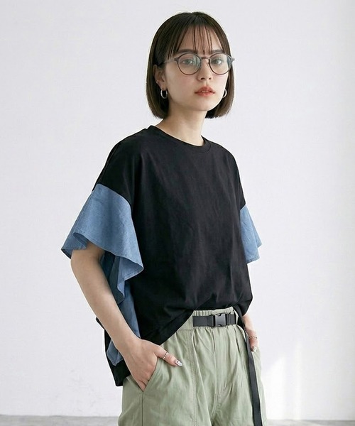 CRB(シーアールビー)の「デニム切替フリルトップス(Tシャツ/カットソー・レディース・グレー/オフホワイト/ブラック・F)」の8枚目の写真
