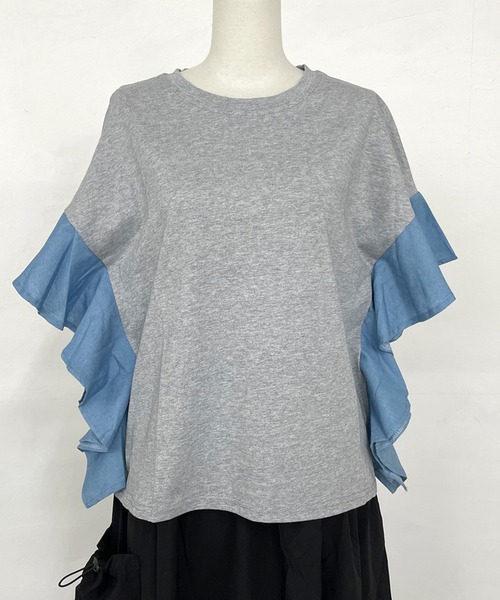 CRB(シーアールビー)の「デニム切替フリルトップス(Tシャツ/カットソー・レディース・グレー/オフホワイト/ブラック・F)」の15枚目の写真
